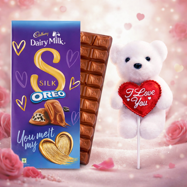 Cadbury Dairy Milk Silk Oreo Chocolate with Love Teddy On Stick – Romantic Gift Combo
